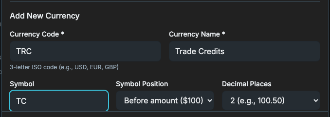Bizily's Add New Currency form, showing fields for a custom currency code (TRC), currency name (Trade Credits), symbol (TC), symbol position, and decimal places
