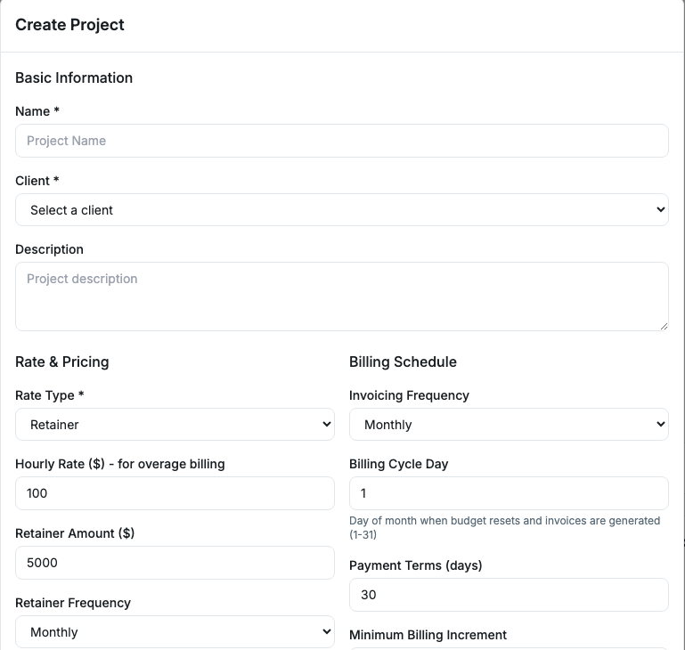 Bizily's project creation form with Rate Type set to Retainer, showing the overage hourly rate, retainer amount, and retainer frequency fields