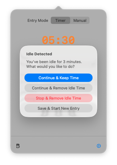 Bizily idle detection alert asking what to do after being idle for 3 minutes