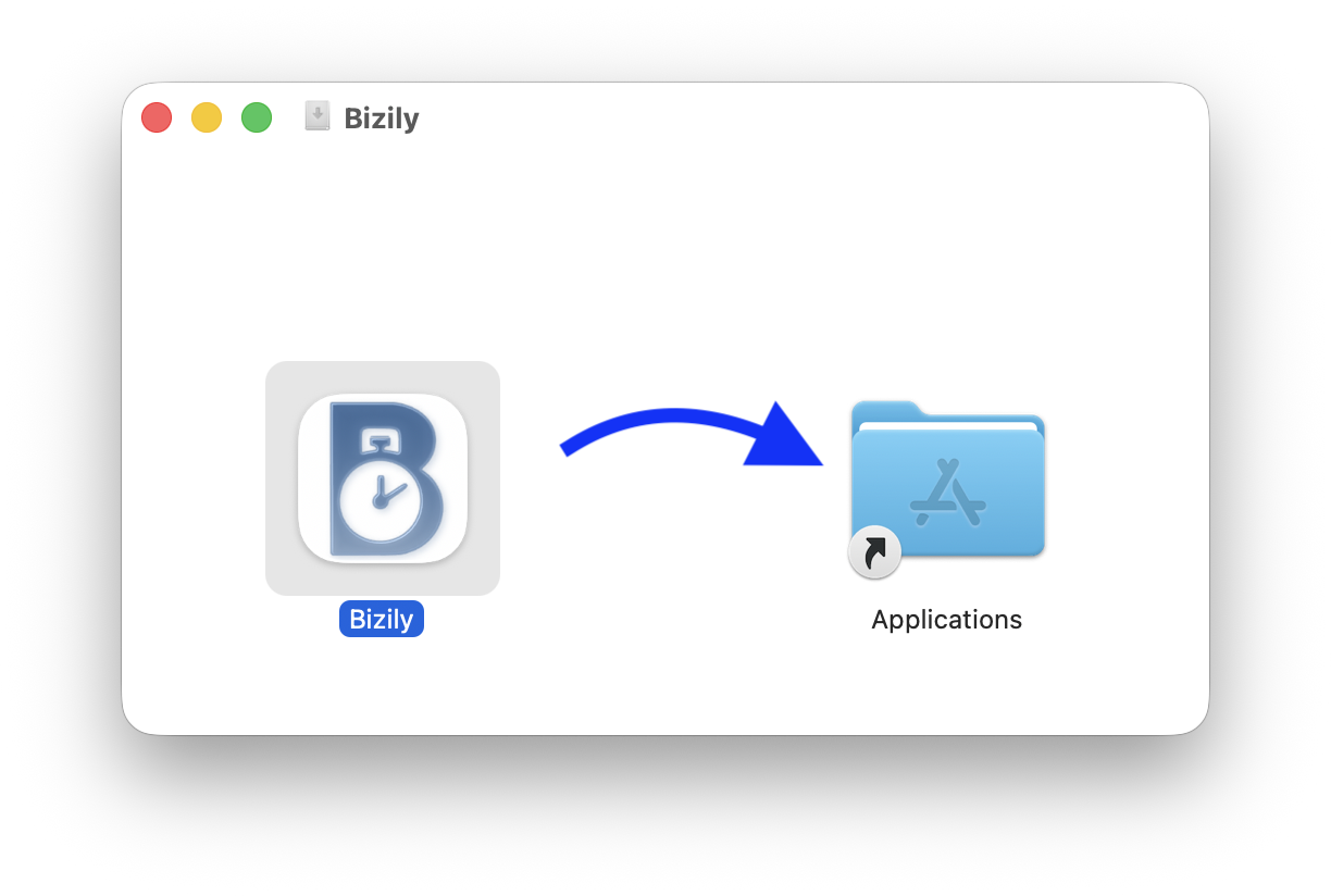 Bizily.dmg window with the Bizily icon next to a shortcut to the Applications folder
