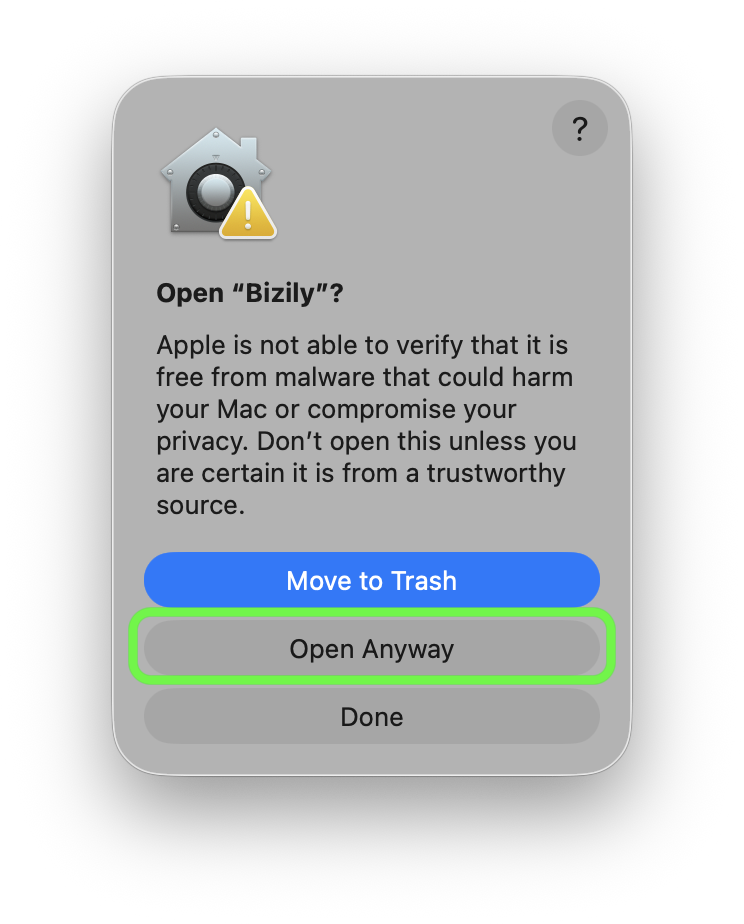 Open "Bizily"? confirmation dialog with Move to Trash, Open Anyway, and Done buttons