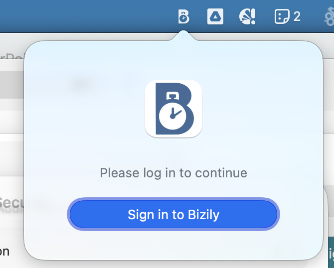Bizily menu bar popover with a "Sign in to Bizily" button