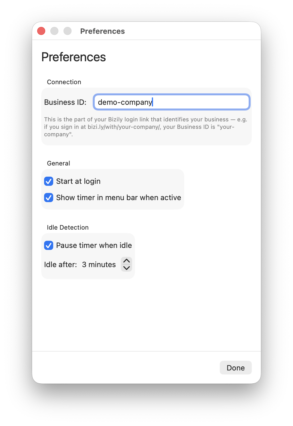 Bizily Preferences window with the Business ID field filled in