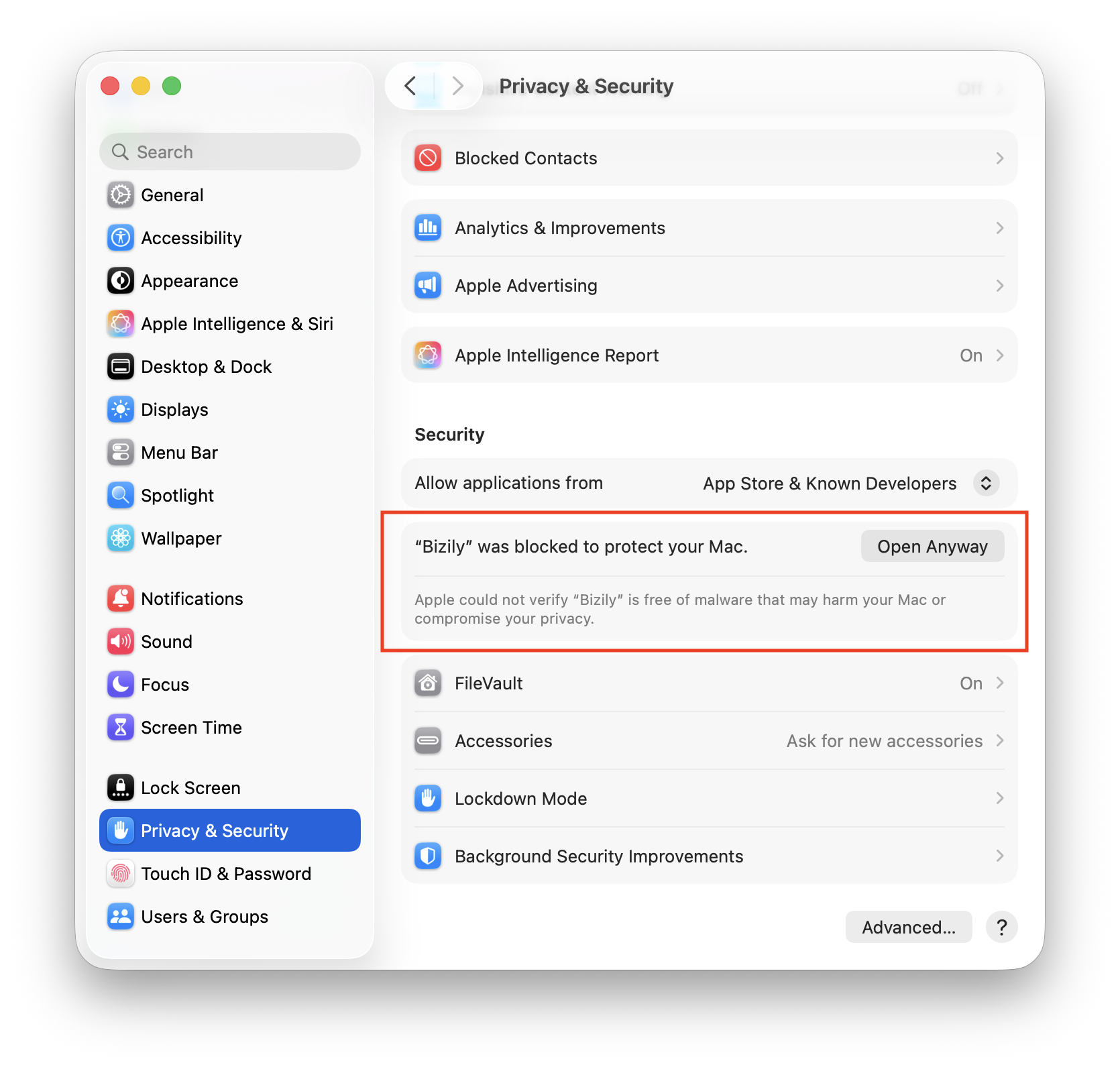 System Settings Privacy and Security panel showing "Bizily was blocked to protect your Mac" with an Open Anyway button