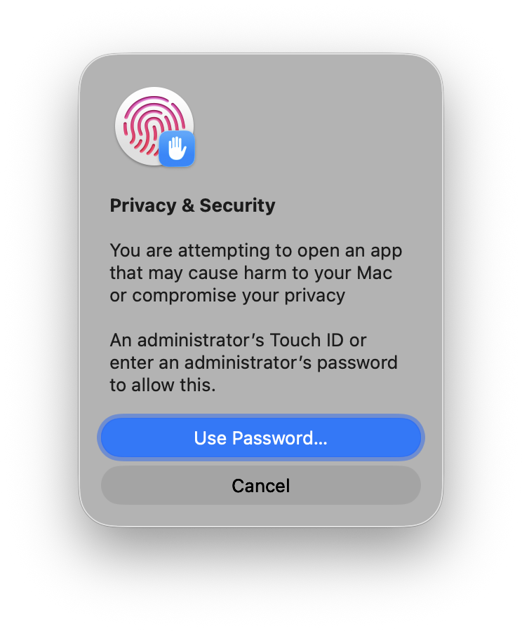 Privacy and Security prompt asking for Touch ID or an administrator password