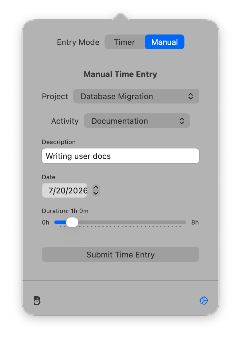 Bizily manual time entry form with project, activity, date, and duration