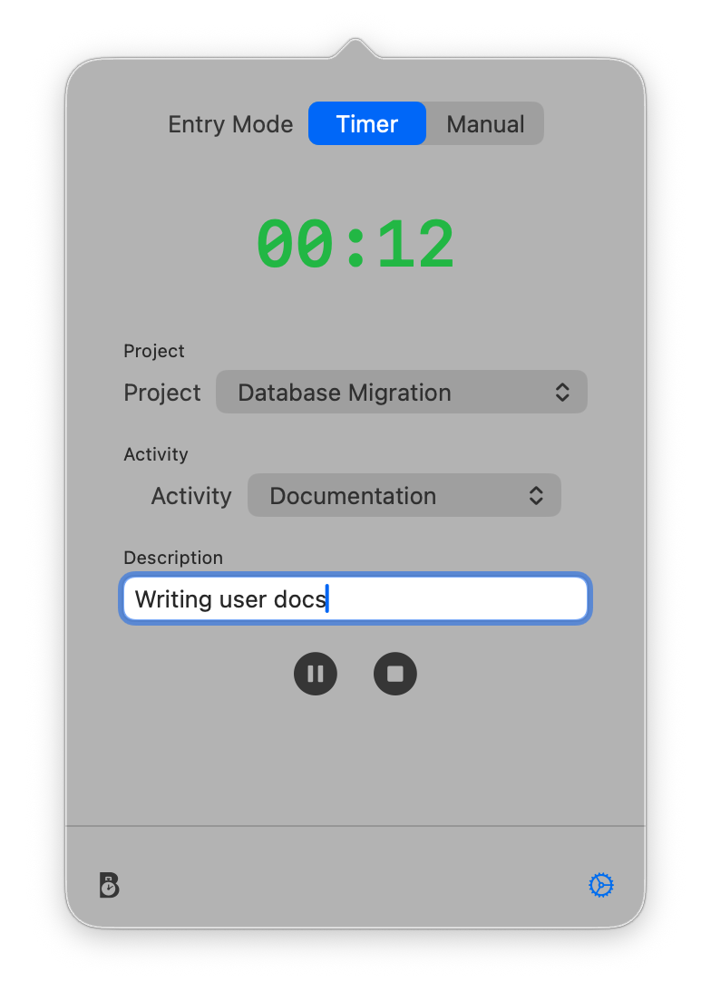 Bizily menu bar popover showing a running timer with project, activity, and description fields